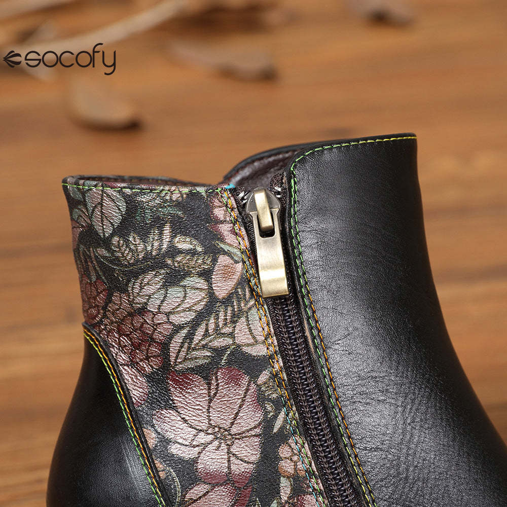 Socofy Leather Retro Flowers Fashionable Zipper Heel Boot