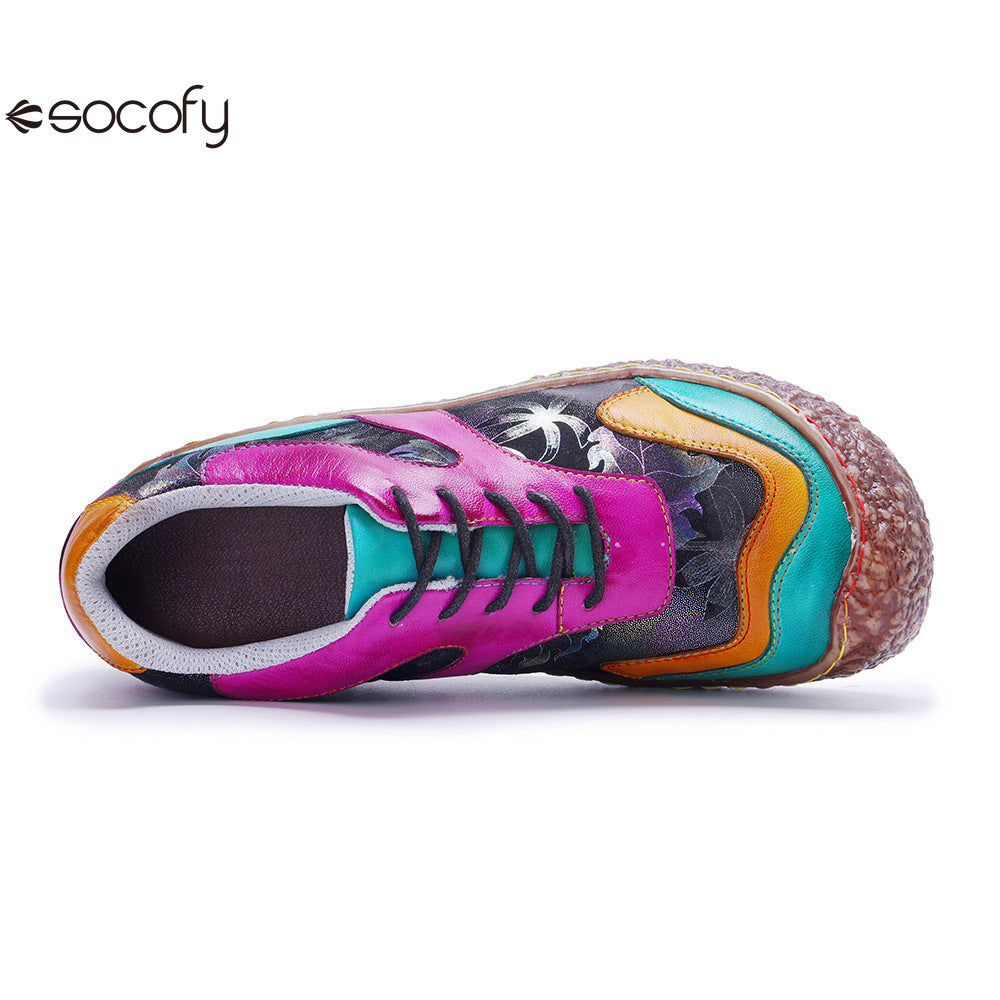 Socofy Vicconfy Genuine Leather Retro Lace Up Comfortable Casual Women's Shoes