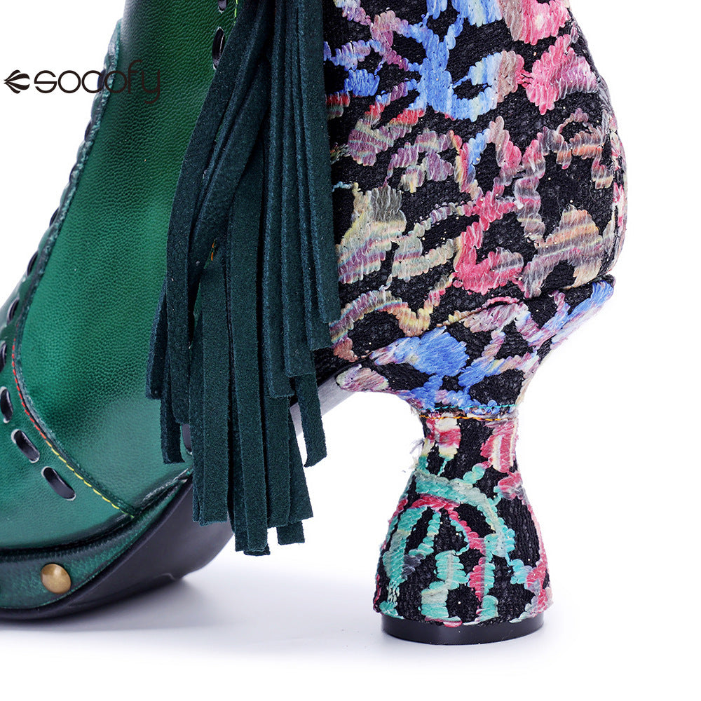 Socofy Vicconfy Retro Handmade Side Fringe Ankle Boots