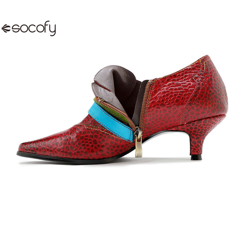 Socofy Red Leather Vintage Buckle High Heels Women's Shoes