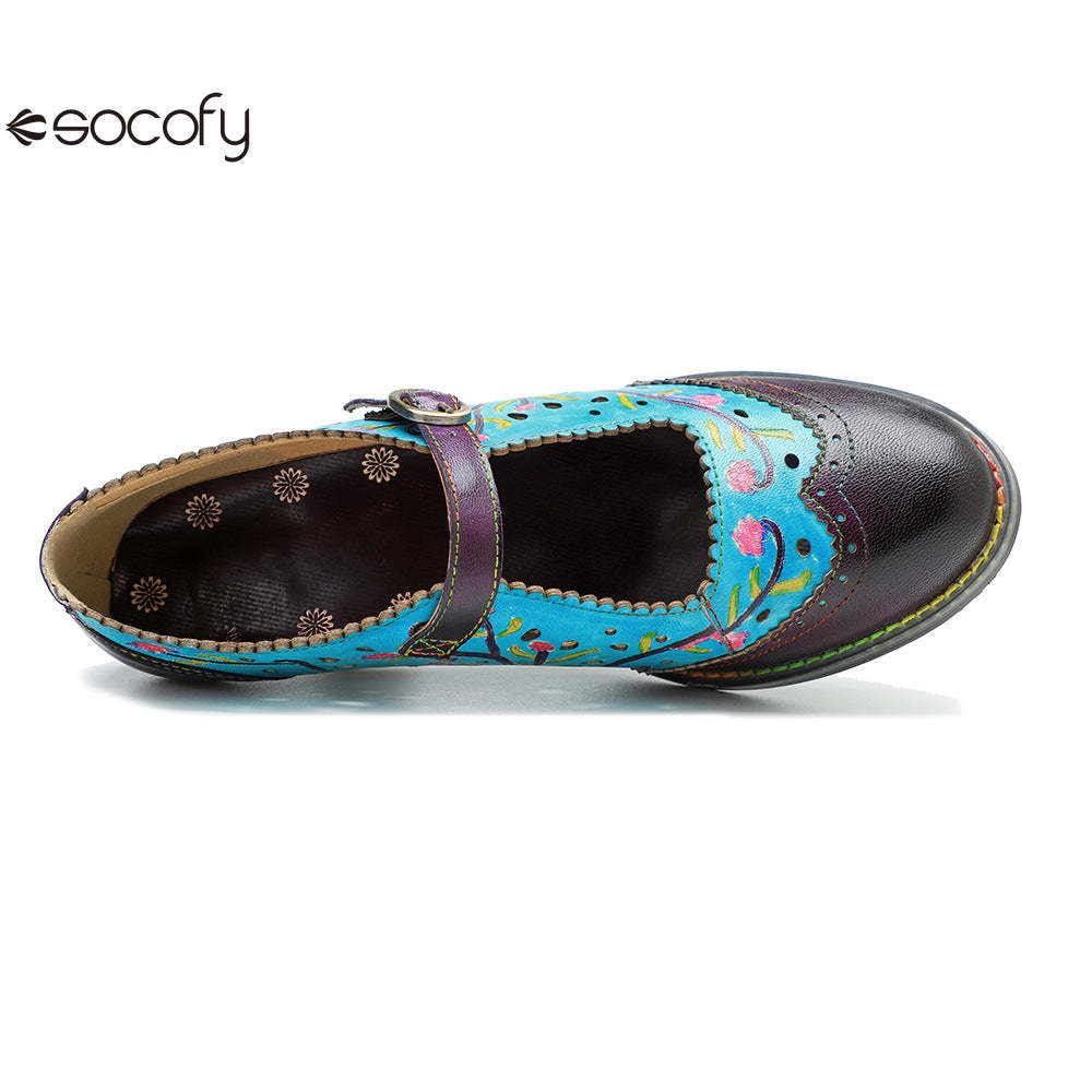 Socofy genuine leather hand-rubbed hollow flower high heels for women