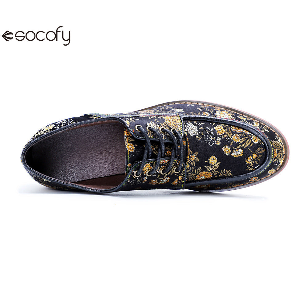 Socofy Genuine Leather Retro Flat Print Casual Lace-up Loafers Shoes