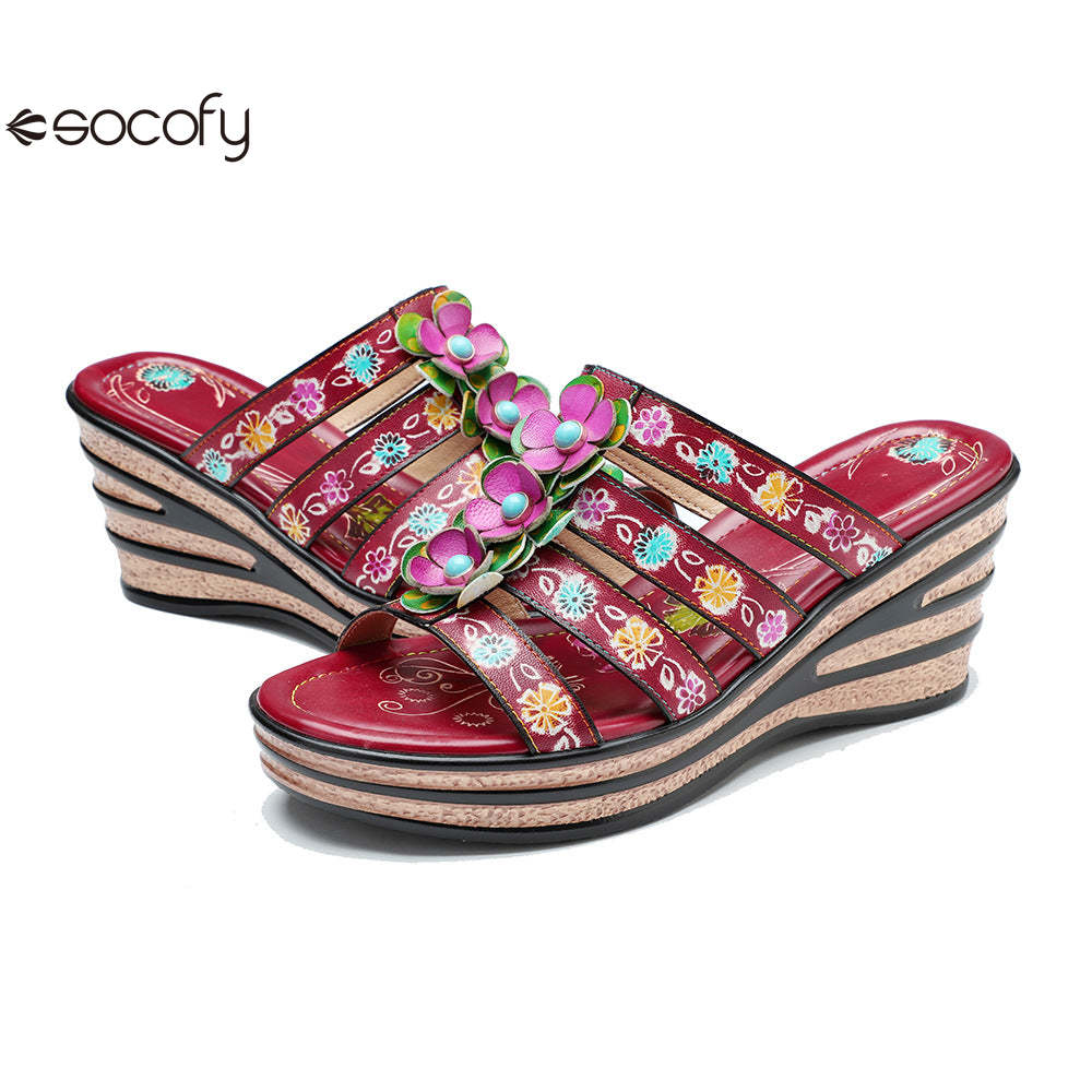 Socofy Summer Leather Vintage Flower Slope Heel Sandals Slippers