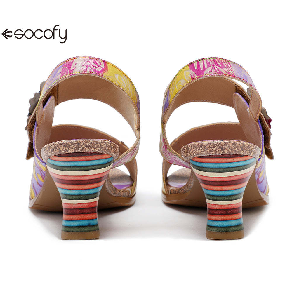 Socofy new summer style genuine leather retro three-dimensional flower rainbow and wine glass sandals for women