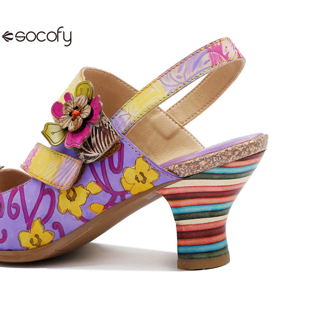 Socofy new summer style genuine leather retro three-dimensional flower rainbow and wine glass sandals for women