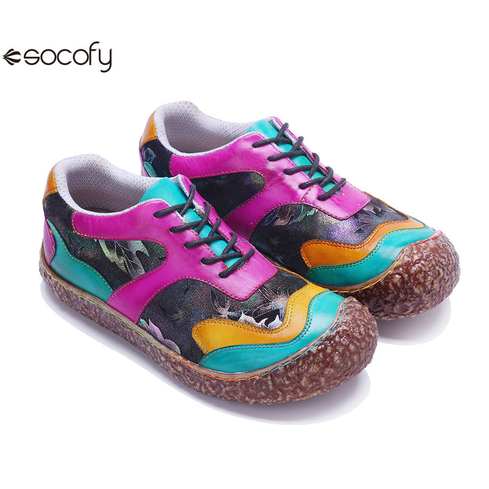 Socofy Vicconfy Genuine Leather Retro Lace Up Comfortable Casual Women's Shoes