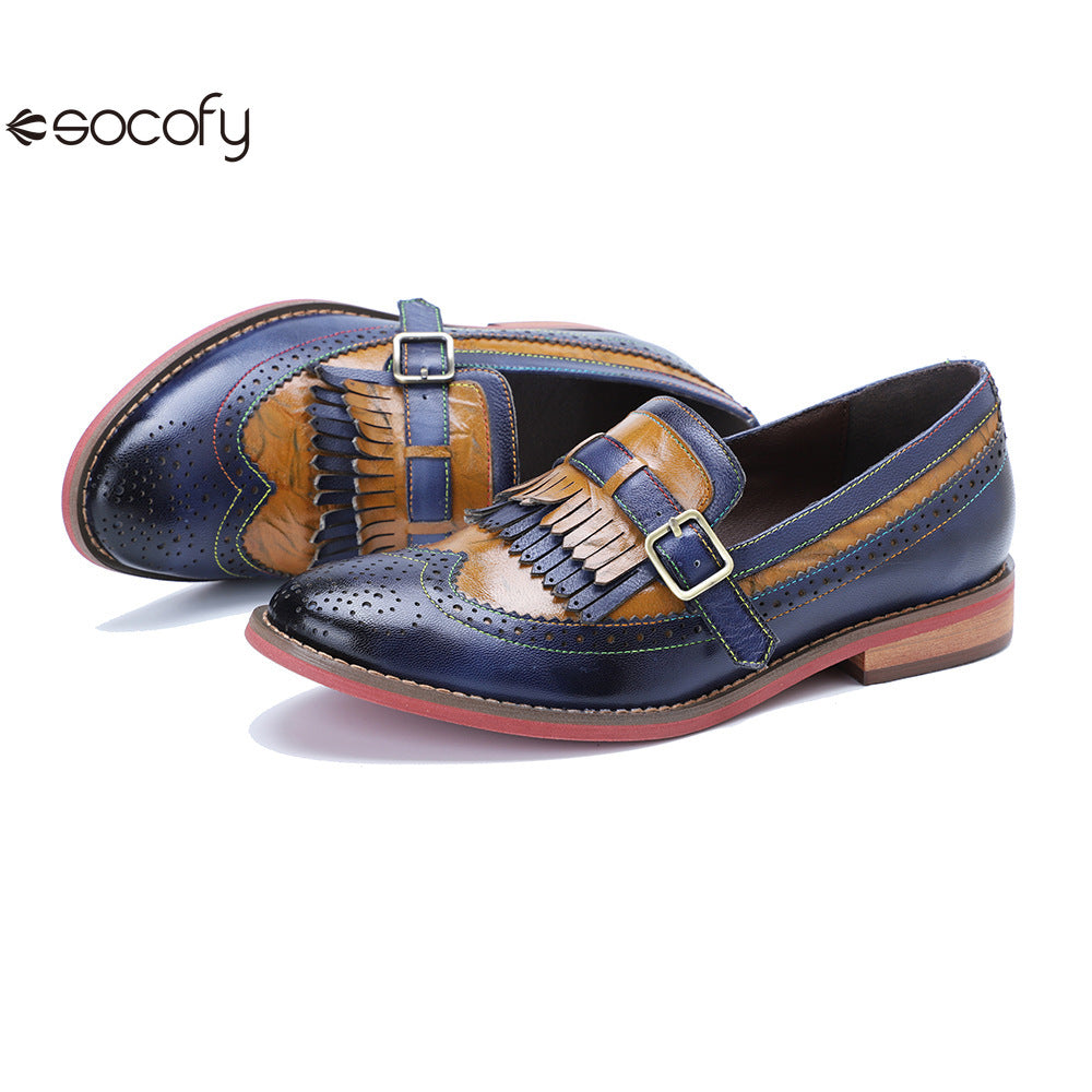 Socofy Genuine Leather Women's Retro Colorblocking Tassel Flat Comfort Loafers