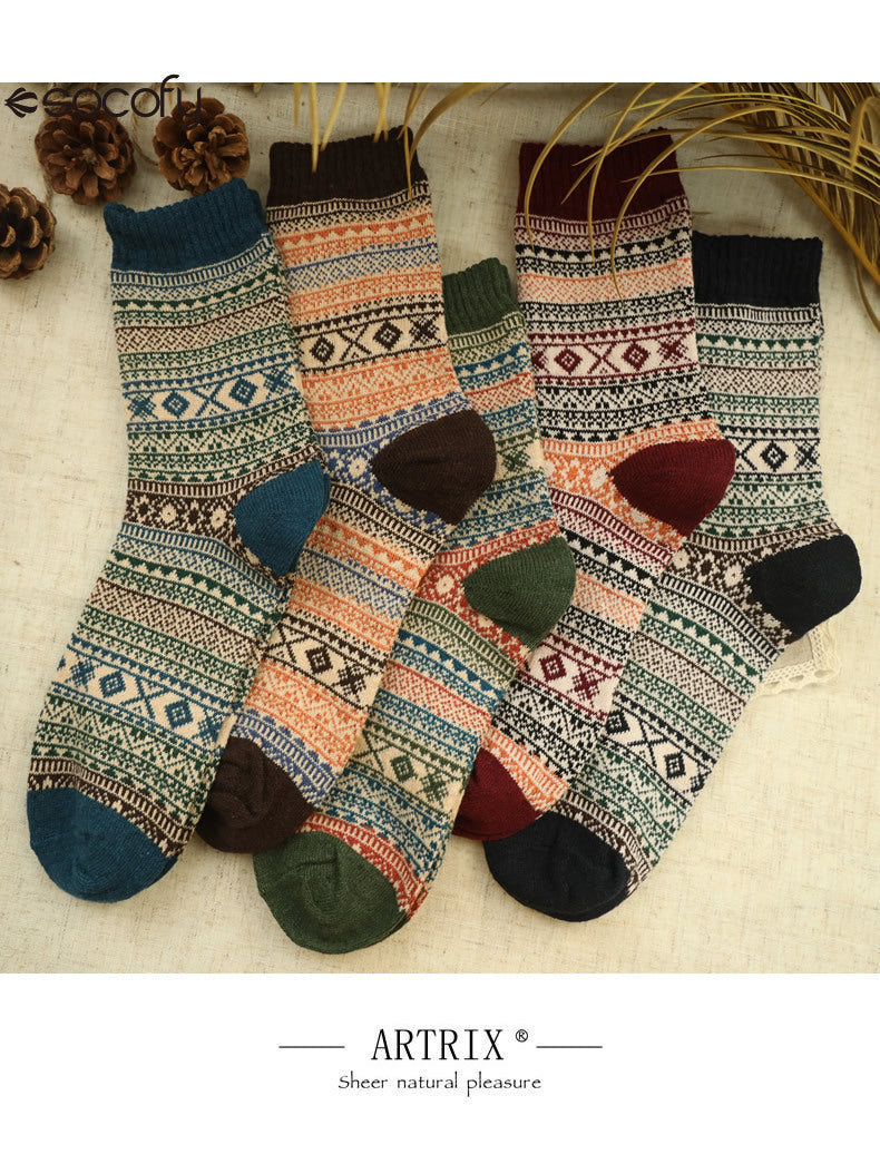 Socofy Vintage Thickened Warm Ethnic Style Wool Mid-Calf Socks