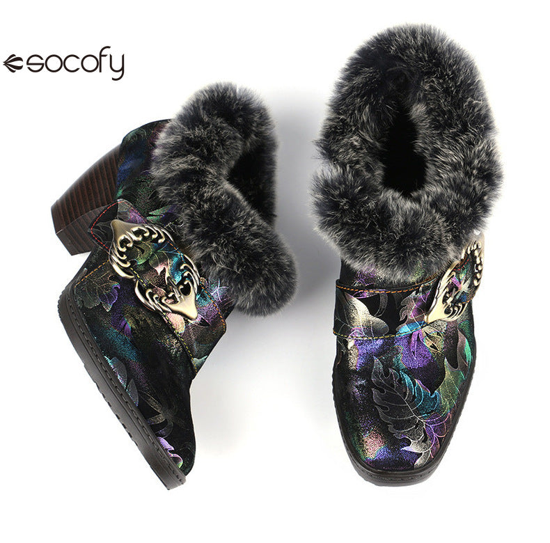 Socofy Vicconfy Genuine Leather Vintage Genuine Wool Patchwork Vintage Illusion Pumps