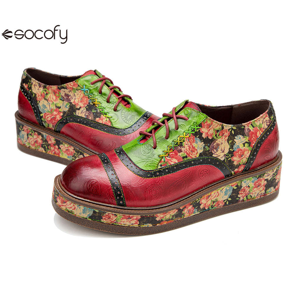 Socofy colour collision splicing lace-up thick bottom women's platform flat shoes