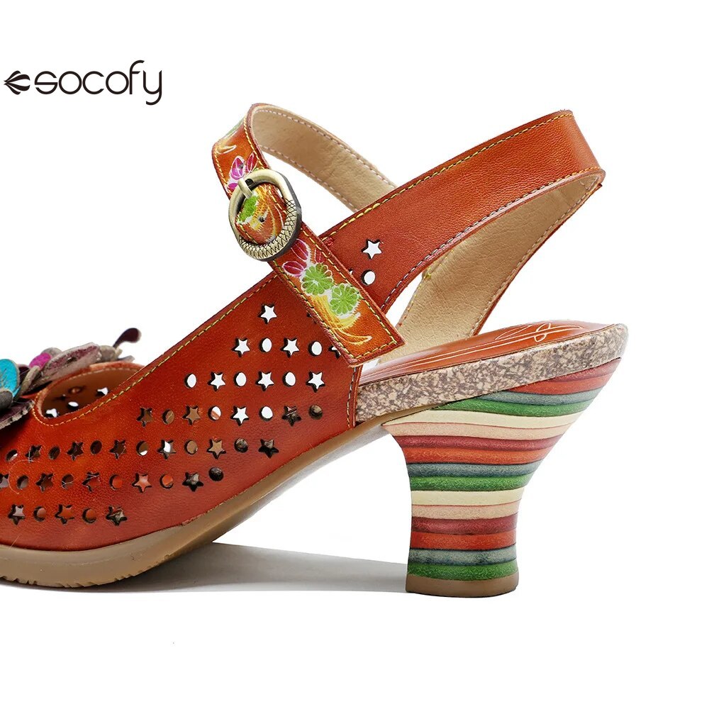 Socofy Summer New Genuine Leather Hand-painted Retro Hollow-out Flower High Heeled Sandals