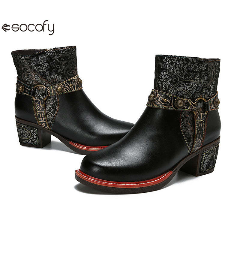 Socofy Vicconfy Ethnic Women's Leather Boots Side Zipper Fashion Boots