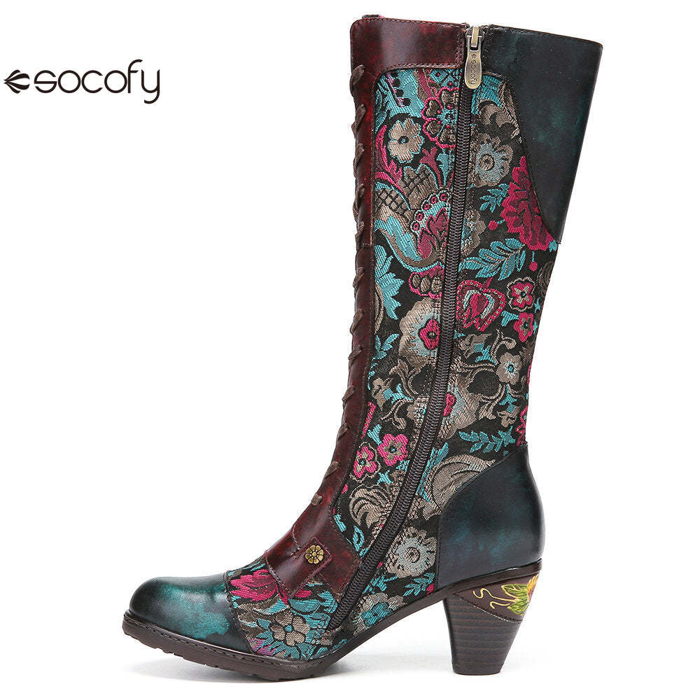 Socofy Autumn and winter women's high-heeled warm and wear-resistant high round toe boots for women