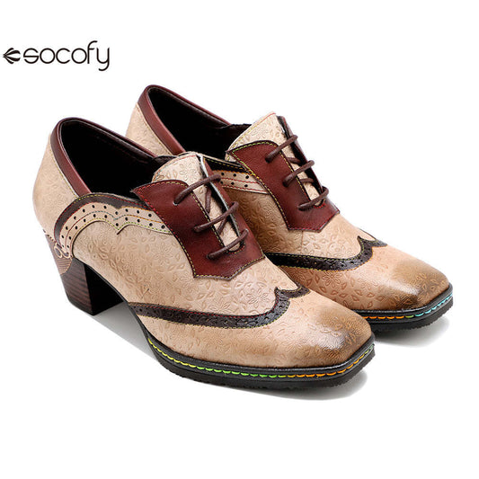 Socofy new spot genuine leather retro style contrasting brogue casual women's thick heel high heels 1000