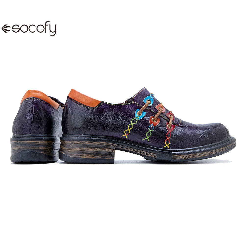 Socofy Genuine Leather Colourful Rope Deco Ethnic Printed Women's Flat Shoes