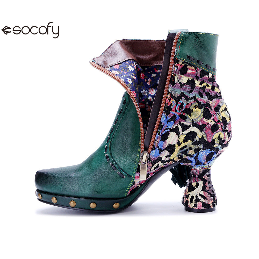 Socofy Vicconfy Retro Handmade Side Fringe Ankle Boots