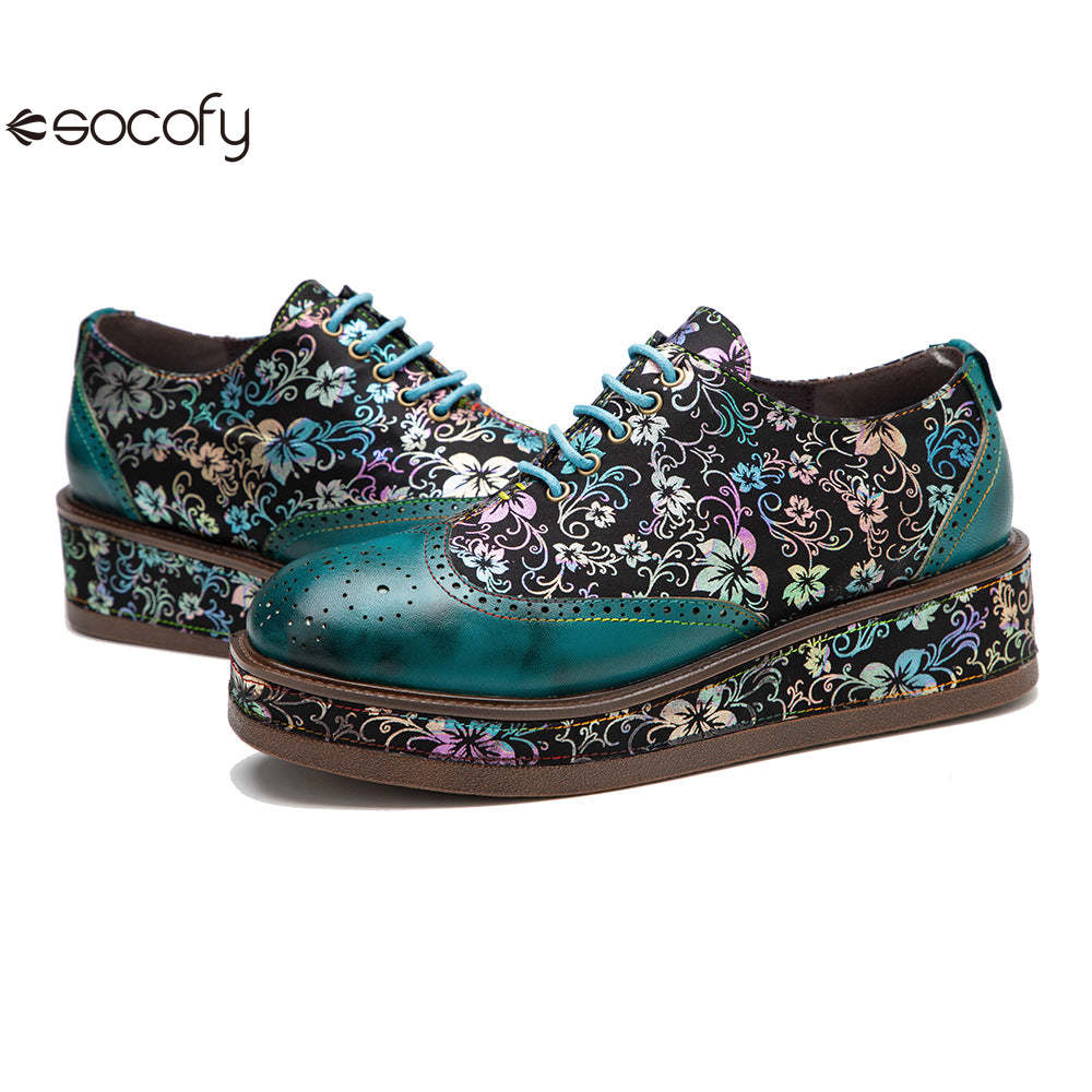 Socofy lace up deco casual shoes retro thick shoes Platform Flats