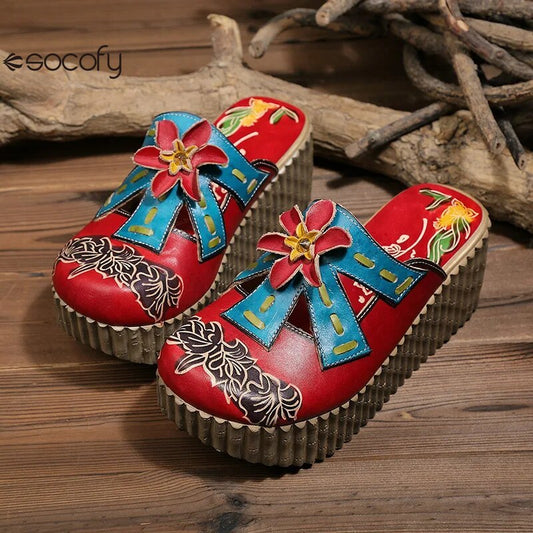 Socofy Genuine Leather Hand-painted Flower Summer Platform Slippers 800