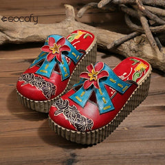 Socofy Genuine Leather Hand-painted Flower Summer Platform Slippers