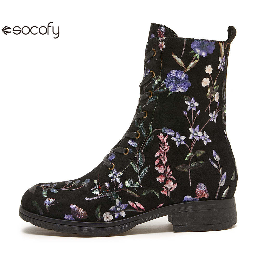 Socofy Autumn and winter warm and wear-resistant mid-calf round-toe cowhide leather fashion boots