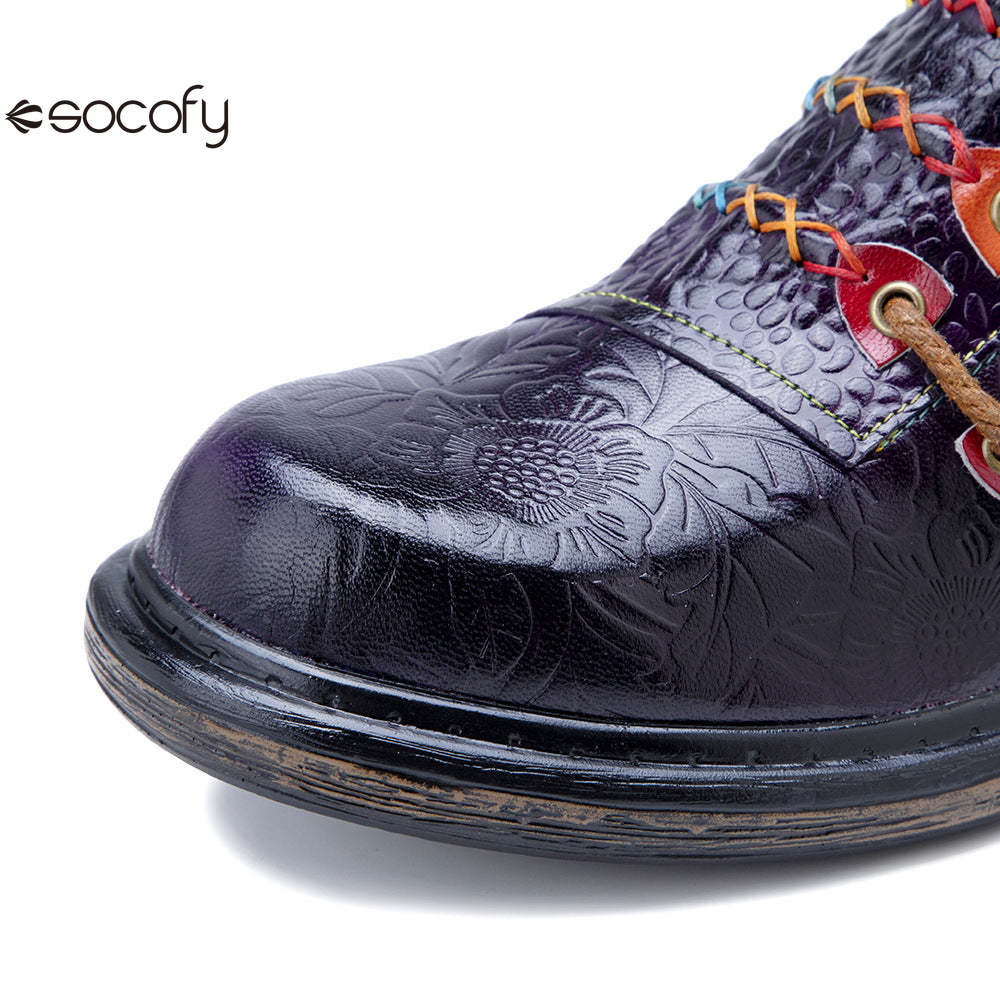 Socofy Genuine Leather Colourful Rope Deco Ethnic Printed Women's Flat Shoes