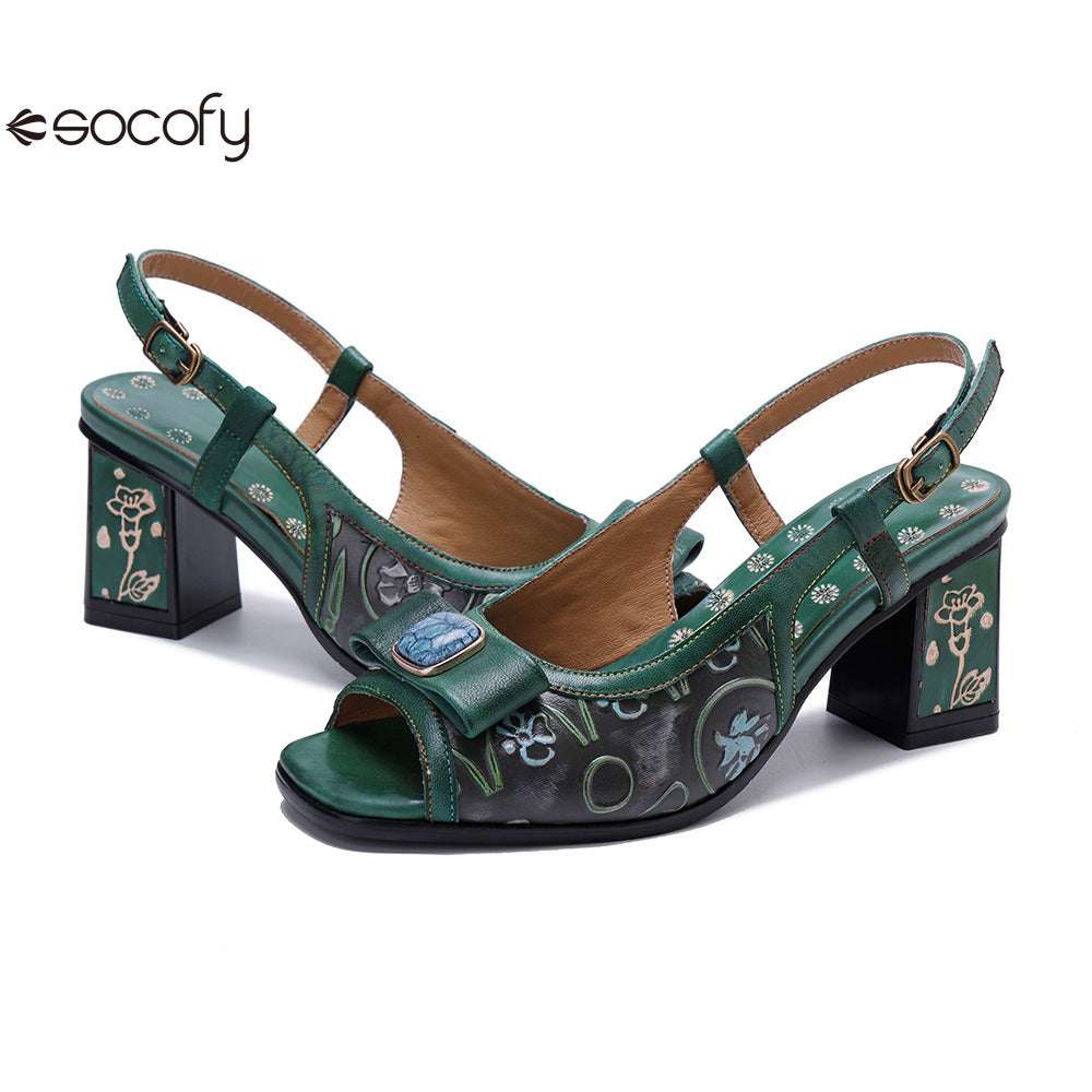 Socofy Handmade Leather Cubic Embossed Heeled Sandals