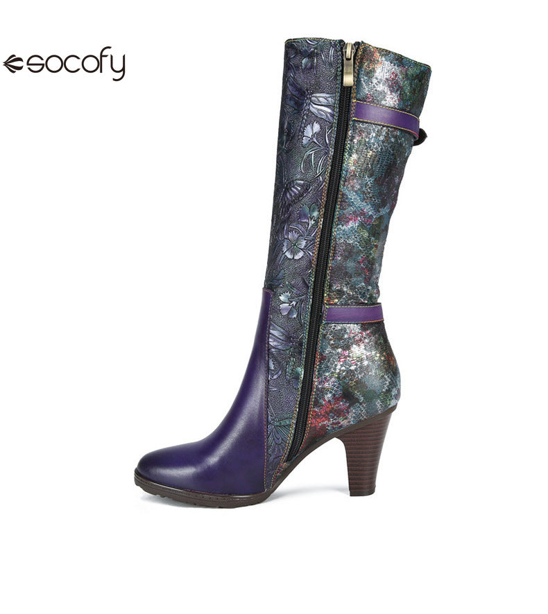 Socofy Vicconfy Genuine Leather Printed Belt Buckle Ethnic Long Boots