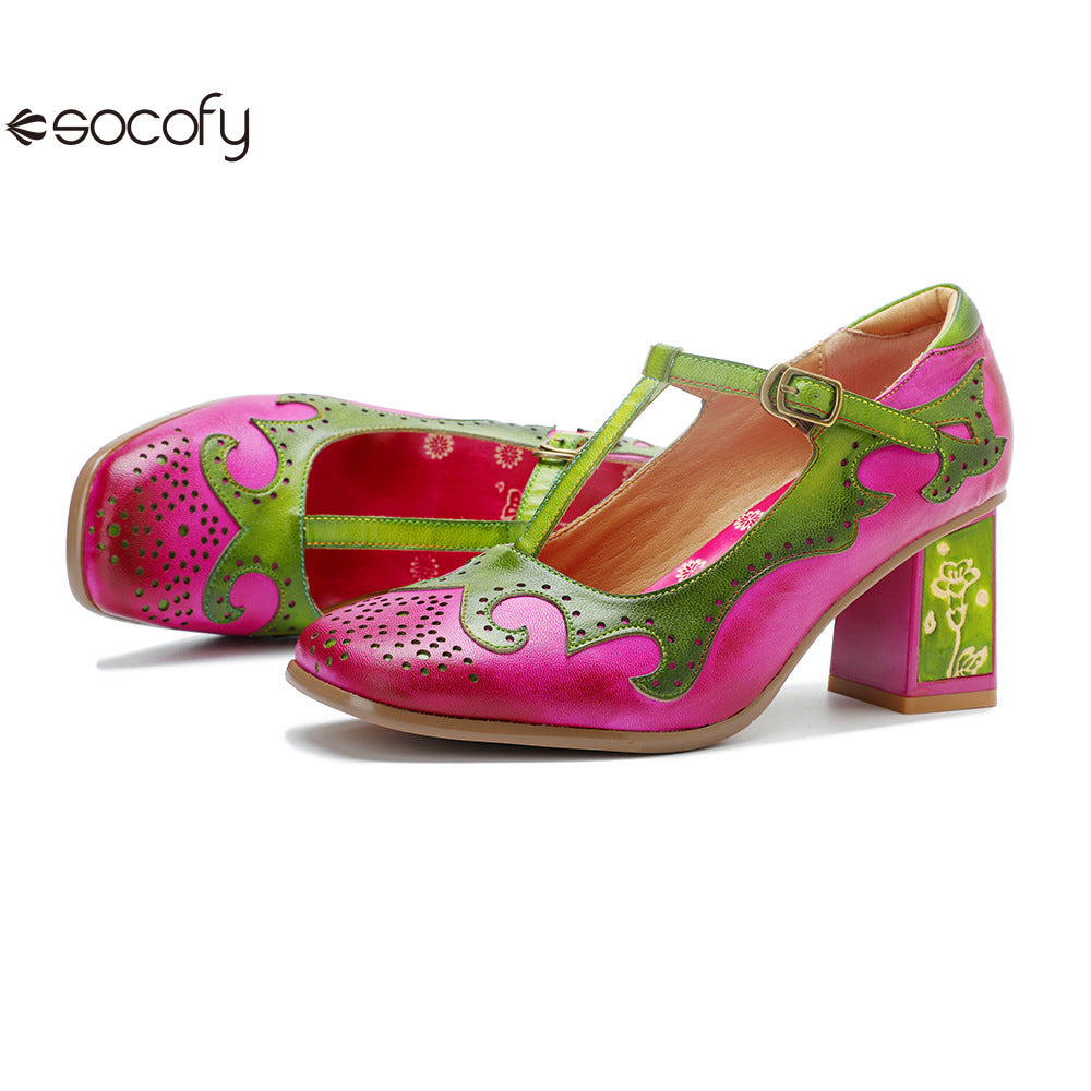 Socofy Handmade Leather Vintage Mary Jane Heels