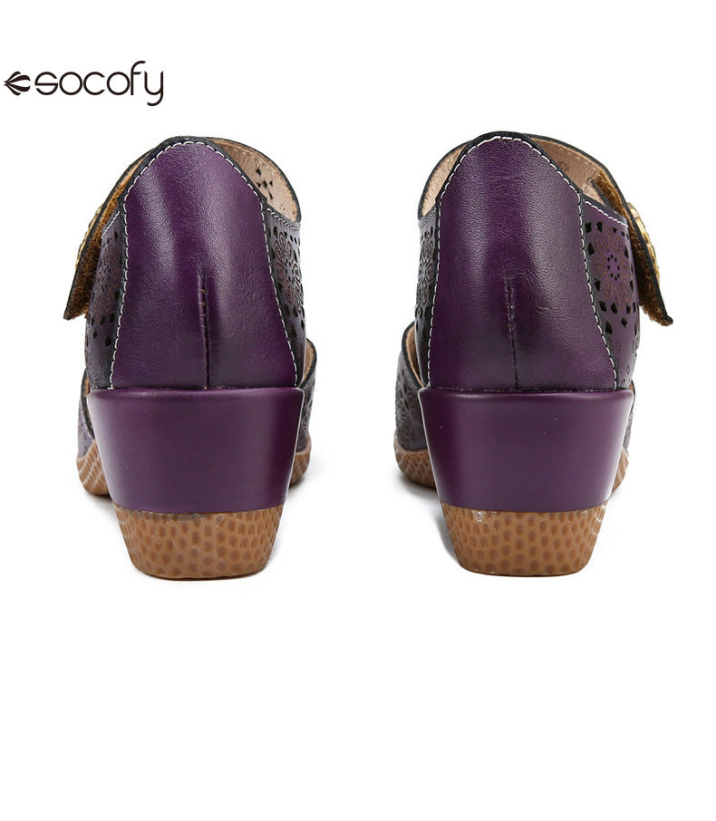 Socofy Genuine leather romantic three-dimensional flowers hollowed out sandals