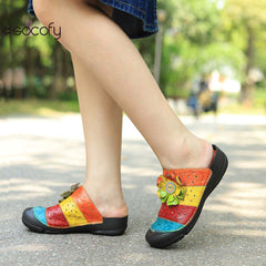 Socofy genuine leather handmade hollow three-dimensional flower comfortable flat slippers