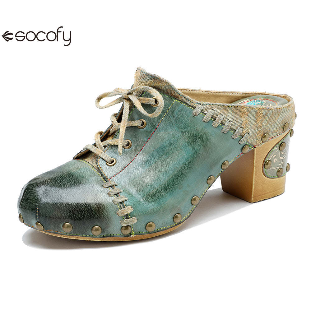 Socofy Leather Retro Street Style Rivet Chunky Heeled High Heels