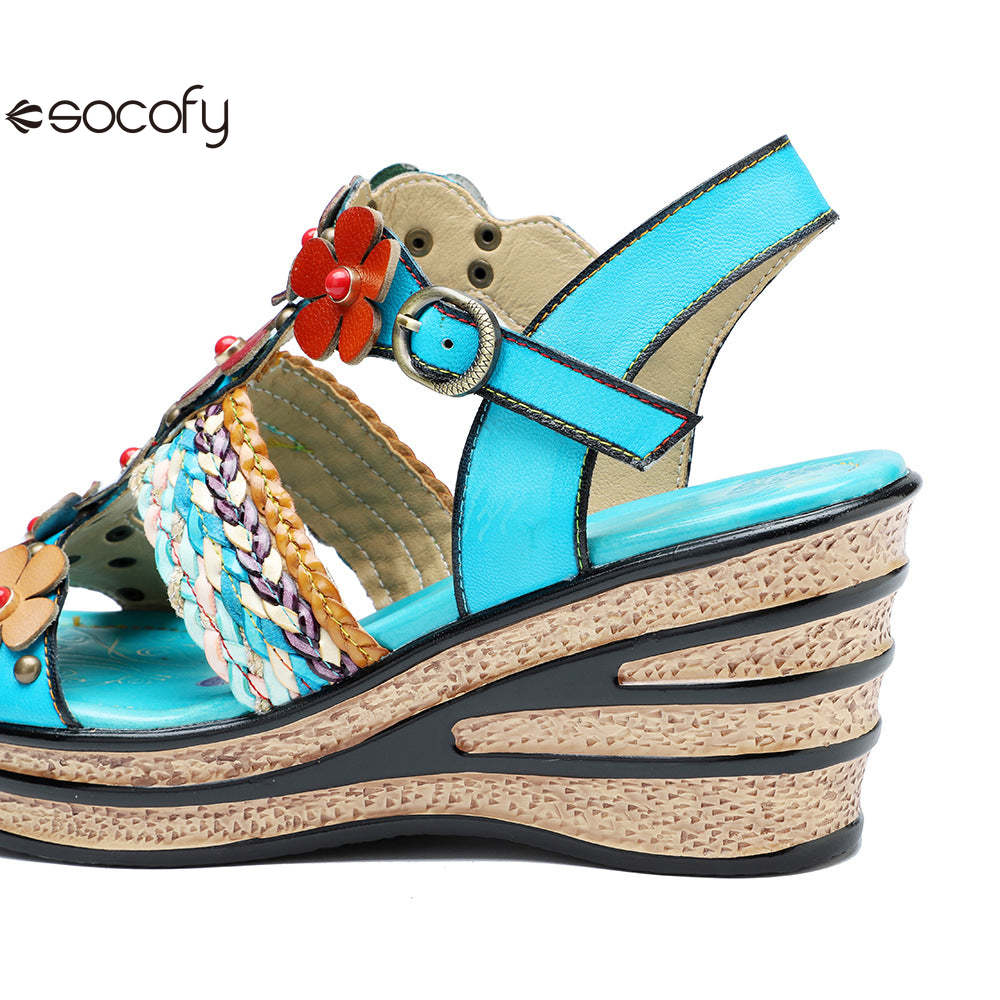 Socofy summer genuine leather bohemian style comfortable wedge sandals for women