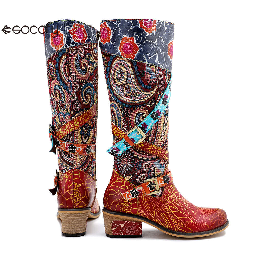 Socofy Leather Vintage Print Chunky Heel Knee Women's Boots