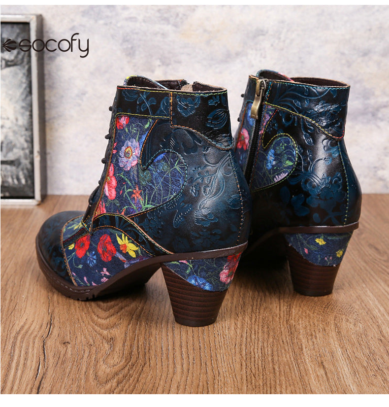 Socofy Vicconfy Vintage Floral Cowhide Ethnic Women's Leather Boots