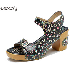 Socofy Leather Vintage Floral American Rustic Heeled Sandals