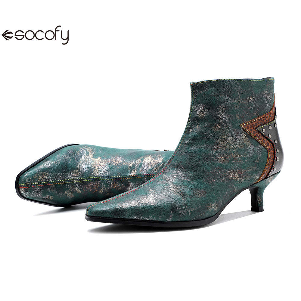 Socofy French Retro Metallic Dark Studded Studded Wrap Heel Design Slim Heel Women's Boots