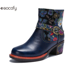 Socofy Vicconfy Genuine Leather Cubic Embossed Romantic Vintage Floral Heeled Ankle Boots