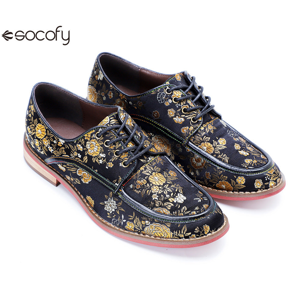 Socofy Genuine Leather Retro Flat Print Casual Lace-up Loafers Shoes