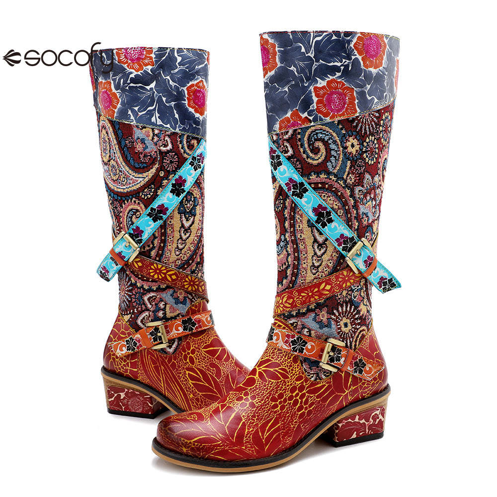 Socofy Leather Vintage Print Chunky Heel Knee Women's Boots