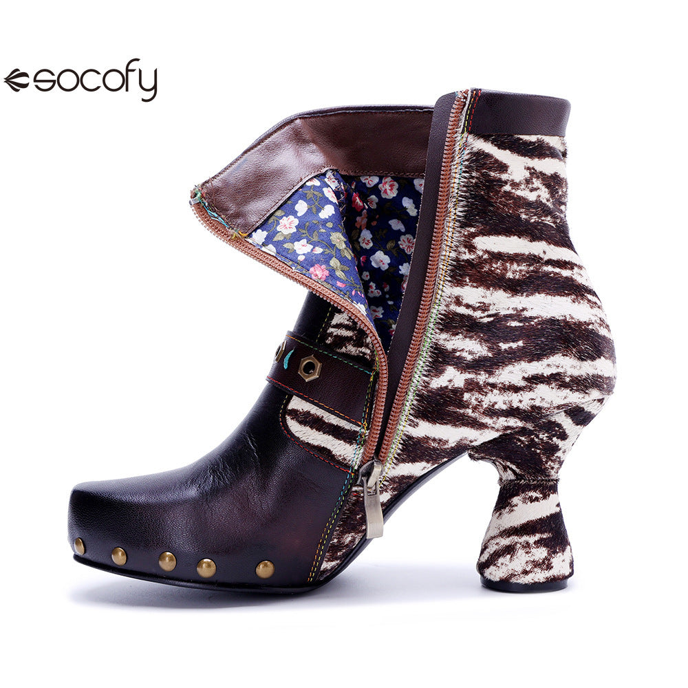 Socofy Vicconfy Retro Handmade Zebra Pattern Buckle Ankle Boots