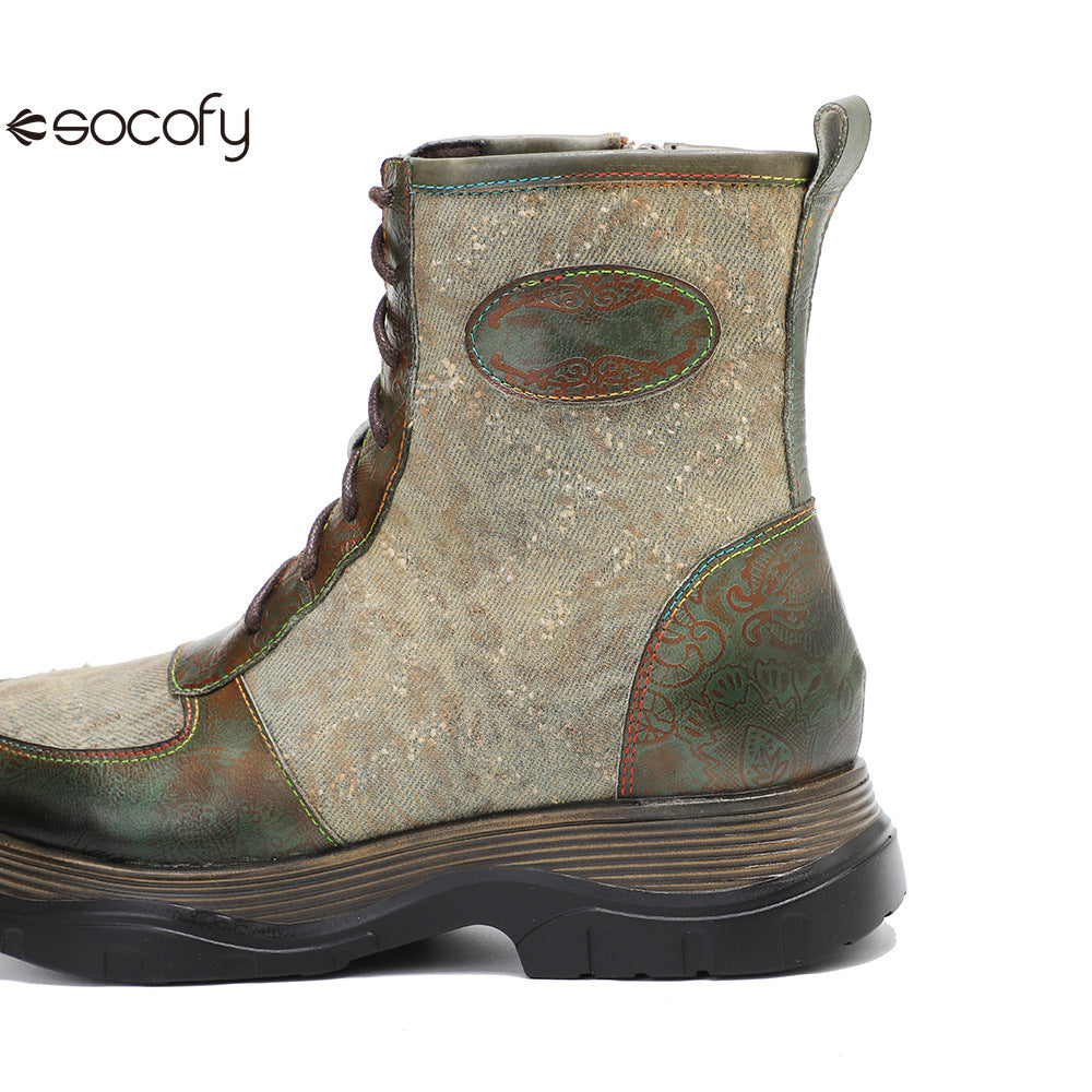 Socofy Vicconfy Genuine Leather Vintage Lace-Up Comfort Boots