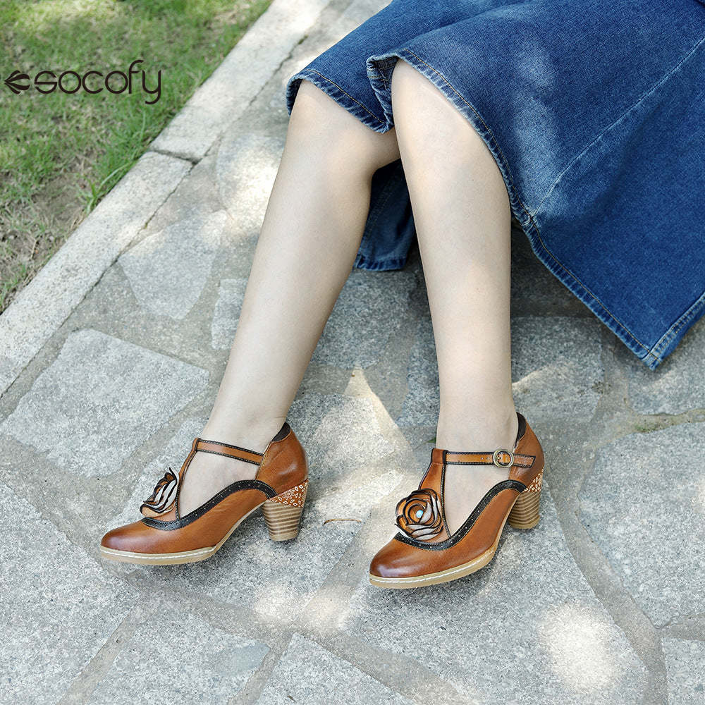 Socofy spring genuine leather retro Mary Jane high-heeled shoes