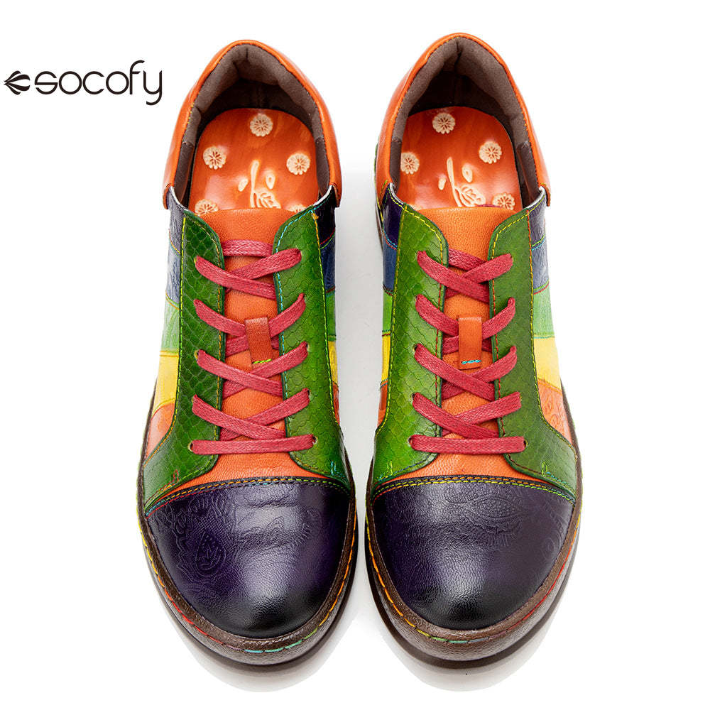 Socofy Colour Patchwork Genuine Leather Women's Flat Shoes