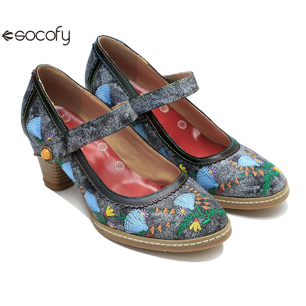 Socofy Spring and summer new retro embroidery Mary Jane thick heeled comfortable high heels