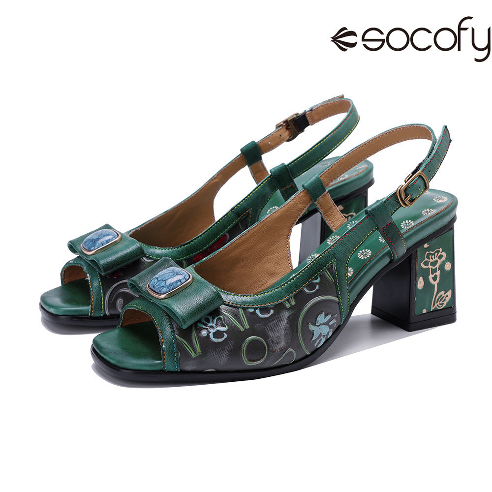 Socofy Handmade Leather Cubic Embossed Heeled Sandals