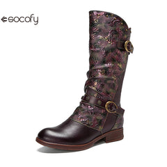 Socofy Vicconfy Side Zipper Vintage Floral Flat Heel Long Boots