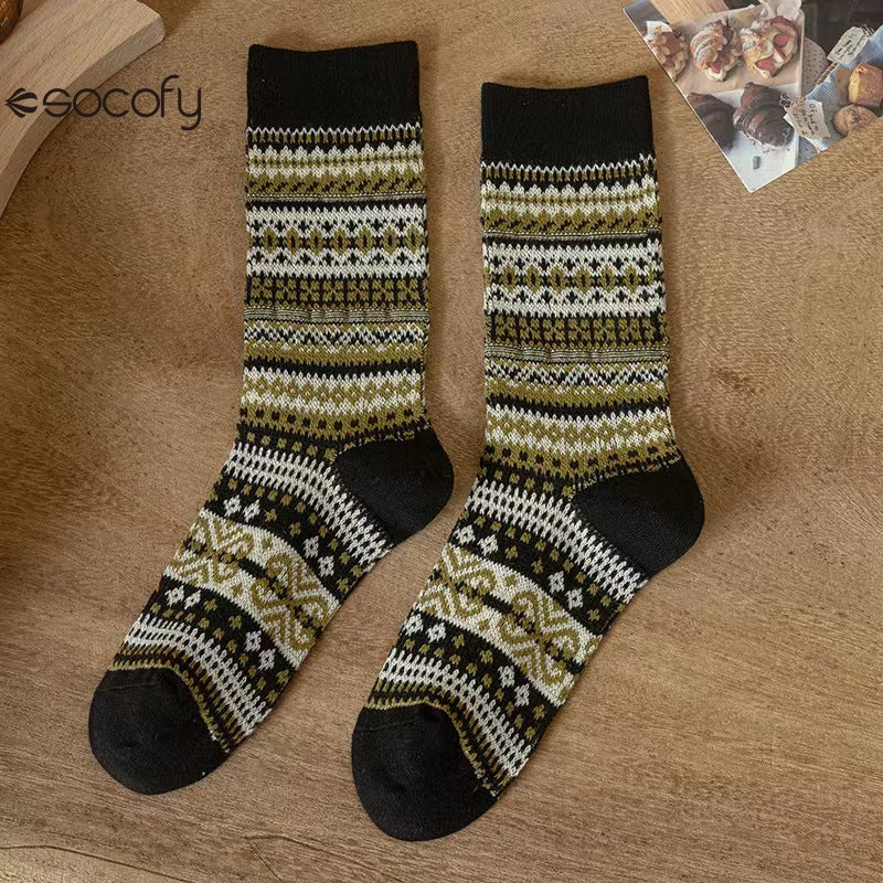 Socofy Vicconfy Mid-calf Socks Vintage Ethnic Striped Cotton Socks