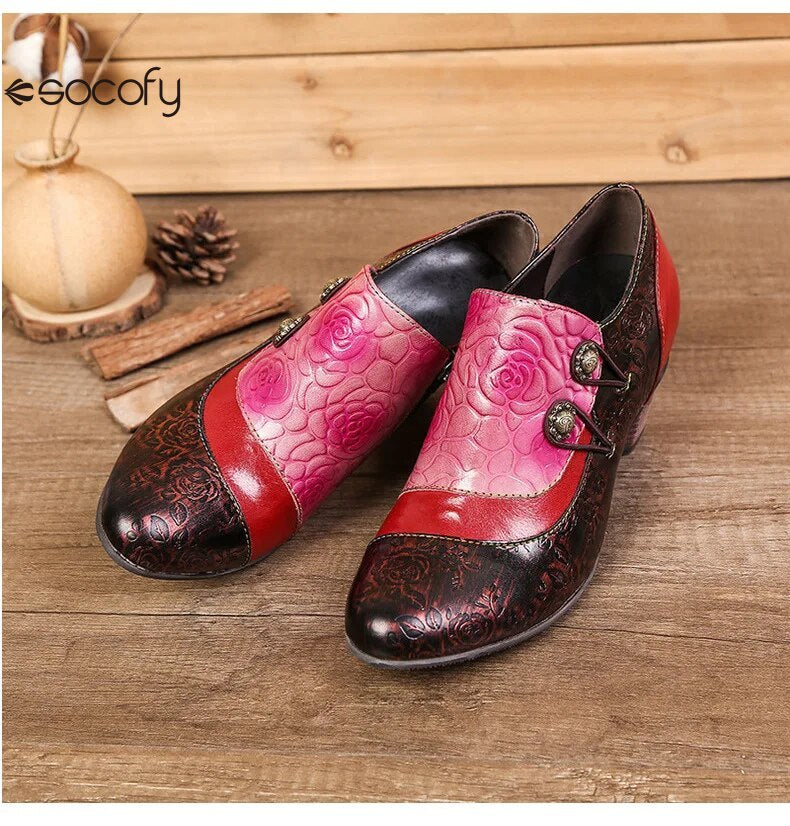 SOCOFY Genuine Leather Ethnic Style Pumps