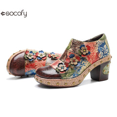 Socofy Genuine Leather Vintage Floral Dimensional Flower Comfortable Pumps