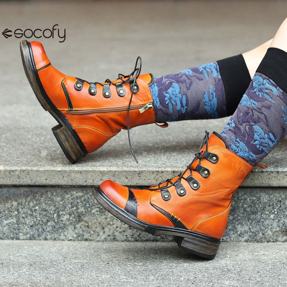 Socofy Vicconfy Leather Handmade Color Clash Retro Fashion Martin Boots Women's Boots